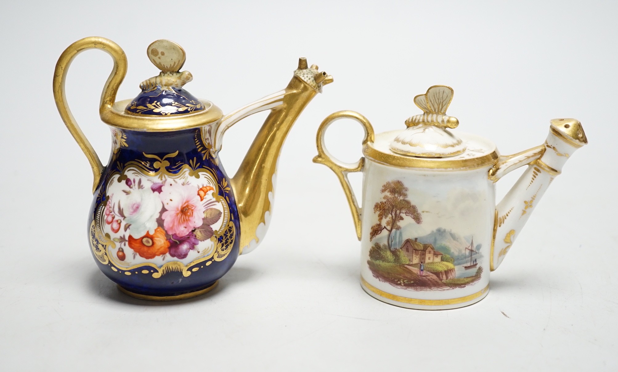 Toy porcelain: two English rosewater sprinklers, c.1810-1820, possibly Coalport, each modelled in the form of a watering can